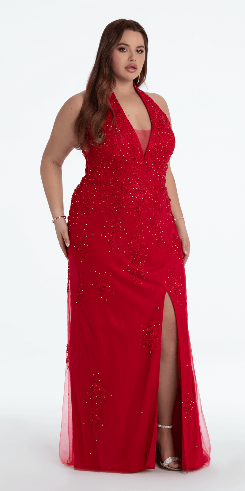 Embroidered Plunging Corset Mesh Halter Dress plus / 18 / red Embroidered Plunging Corset Mesh Halter Dress plus / 18 / red