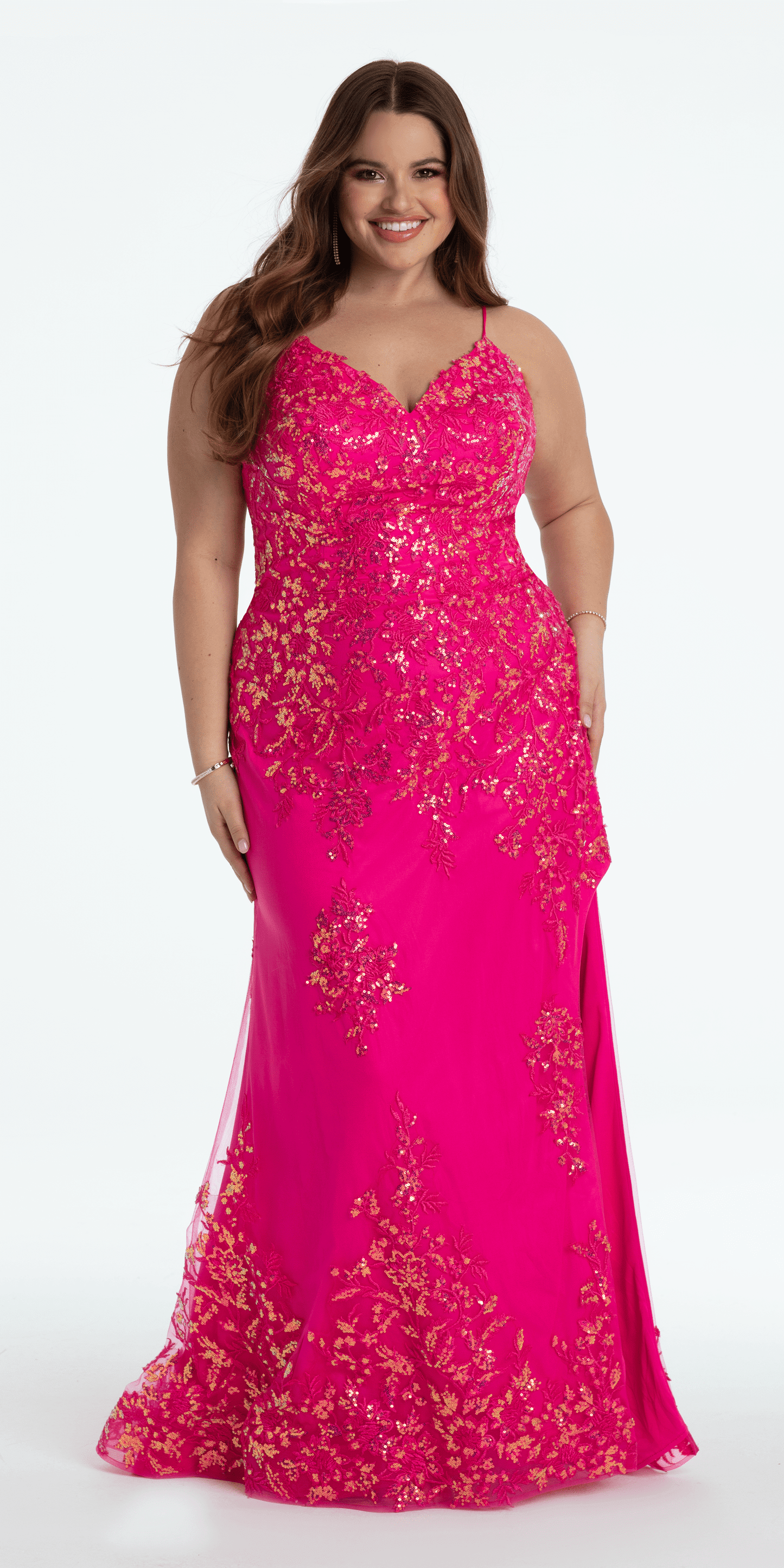 Camille La Vie /Embroidered Sequin Sweetheart Corset Column Dress with Side Slit /plus/ size/ 16 /fuchsia/front alt