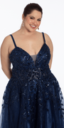 navy/size/14/Plus/Camille La Vie/Sequin Embellished Plunge Glitter Tulle Ballgown/close-up