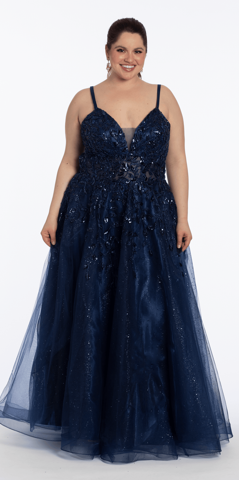 navy/size/14/Plus/Camille La Vie/Sequin Embellished Plunge Glitter Tulle Ballgown/front