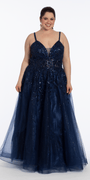 navy/size/14/Plus/Camille La Vie/Sequin Embellished Plunge Glitter Tulle Ballgown/front