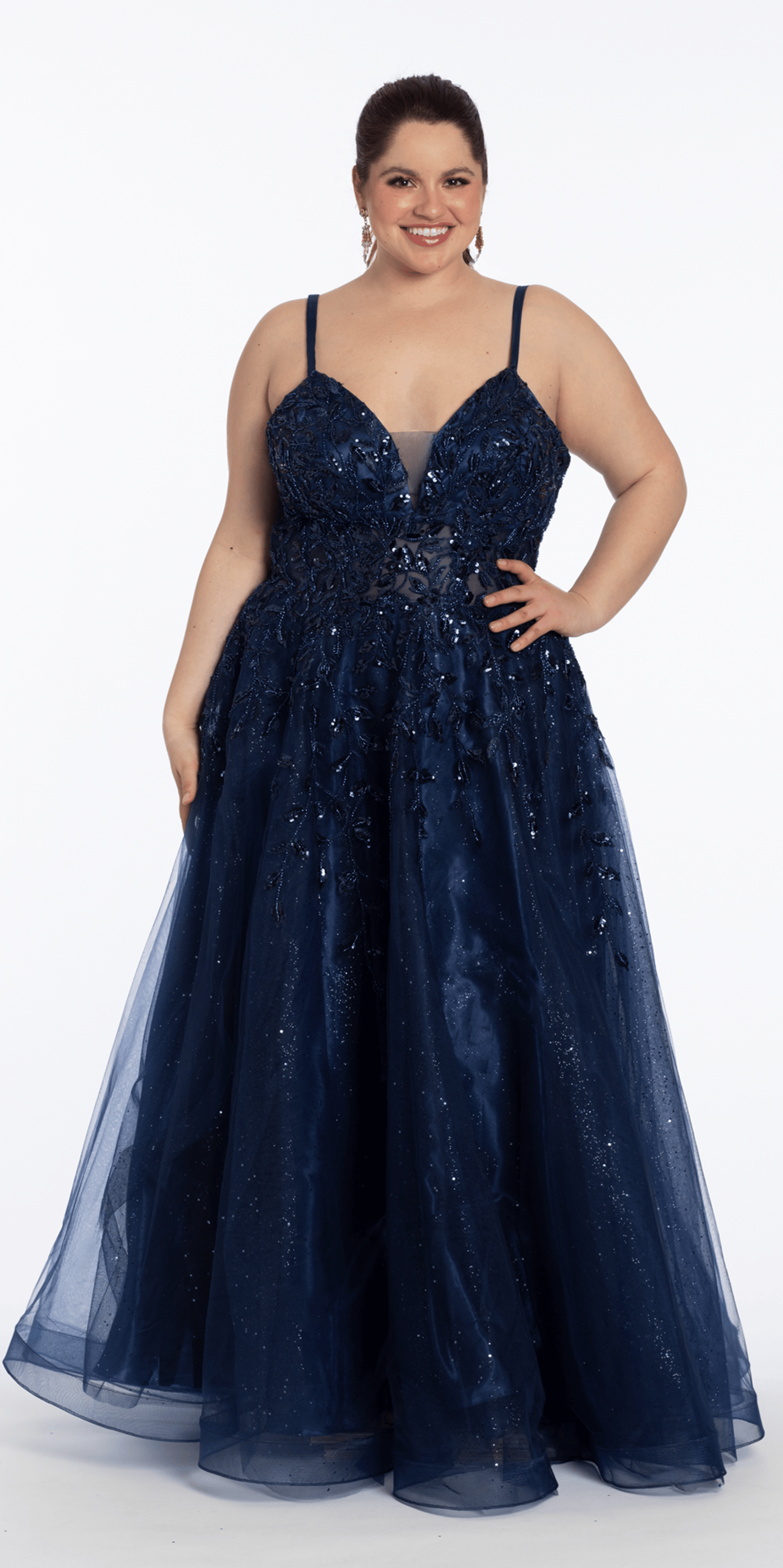 navy/size/14/Plus/Camille La Vie/Sequin Embellished Plunge Glitter Tulle Ballgown/front alt
