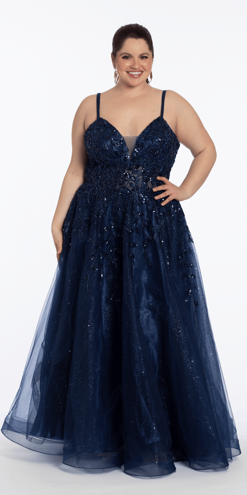 navy/size/14/Plus/Camille La Vie/Sequin Embellished Plunge Glitter Tulle Ballgown/front alt