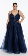 navy/size/14/Plus/Camille La Vie/Sequin Embellished Plunge Glitter Tulle Ballgown/front alt