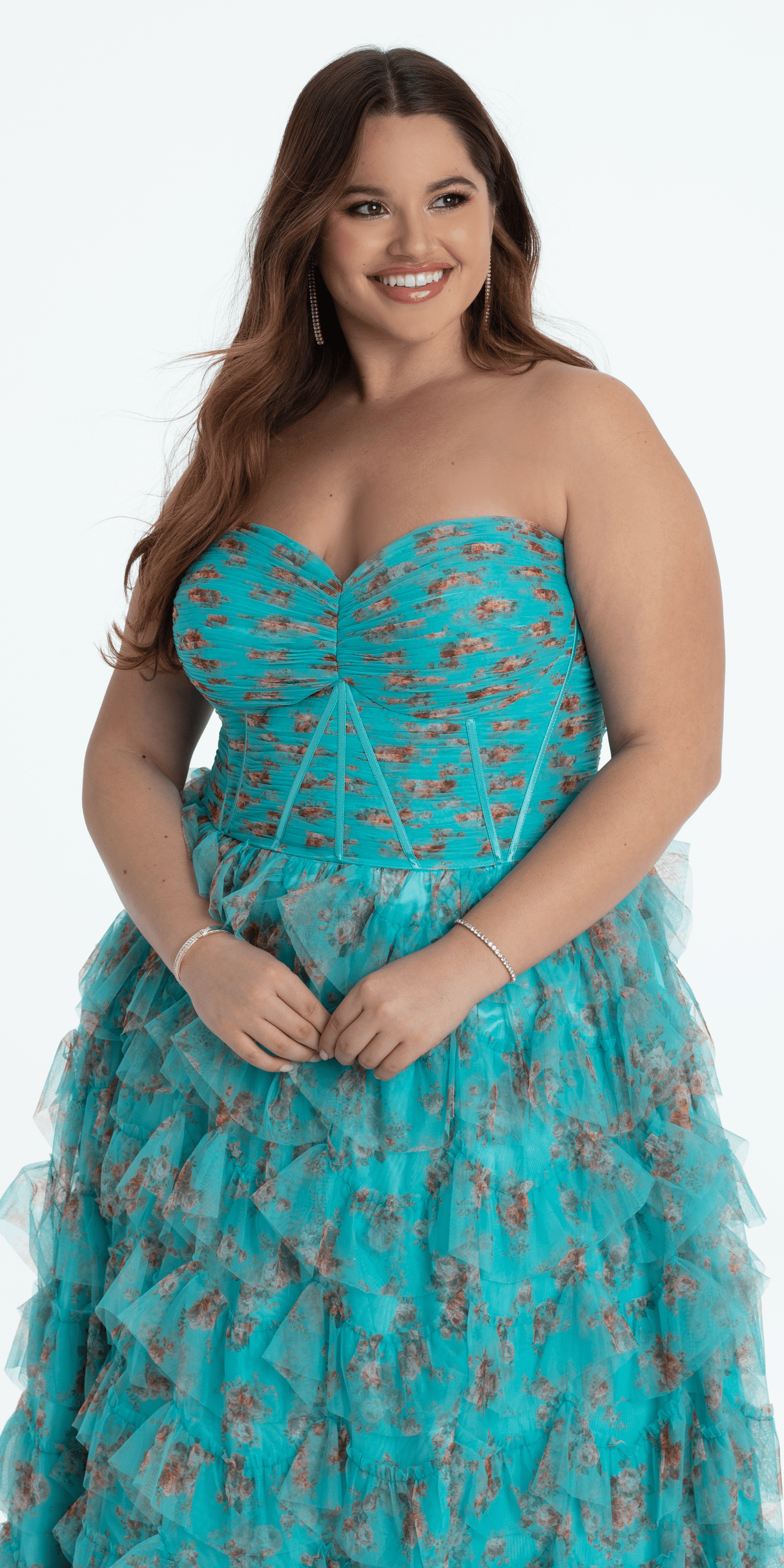 Camille La Vie Sweetheart Ruched Print Mesh Tiered A Line Dress