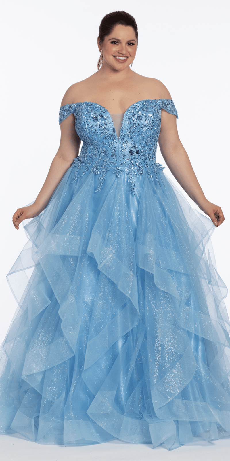 Embroidered Off the Shoulder Beaded Glitter Tulle Tiered Ballgown - Camille La Vie