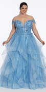 Embroidered Off the Shoulder Beaded Glitter Tulle Tiered Ballgown - Camille La Vie