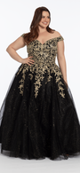 black-gold/size/14/plus/Camille La Vie/Embroidered Off the Shoulder Glitter Tulle Ballgown /front alt