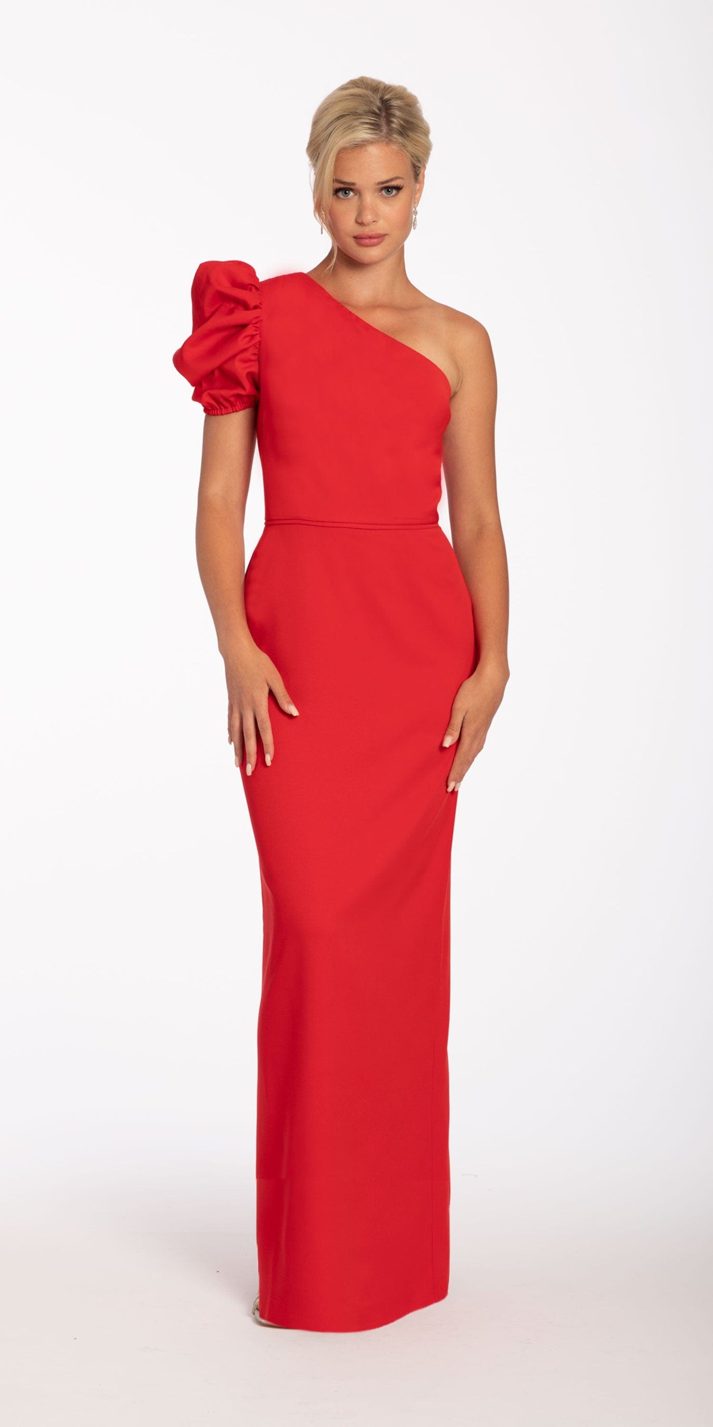 Camille La Vie Puff One Shoulder Sleeve Crepe Column Dress missy / 2 / red