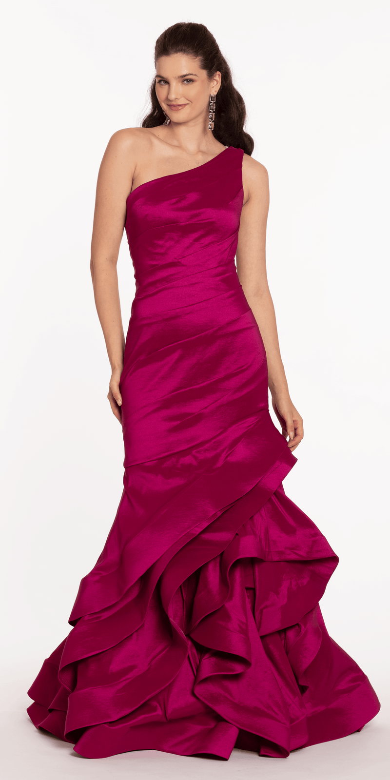 One Shoulder Taffeta Tiered Hem Mermaid Dress Missy / 16 / Magenta