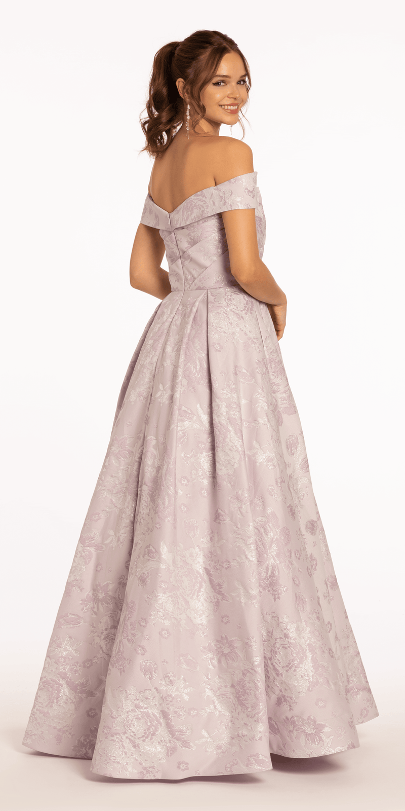 Off the Shoulder Floral Jacquard Ballgown with Pockets Image 4