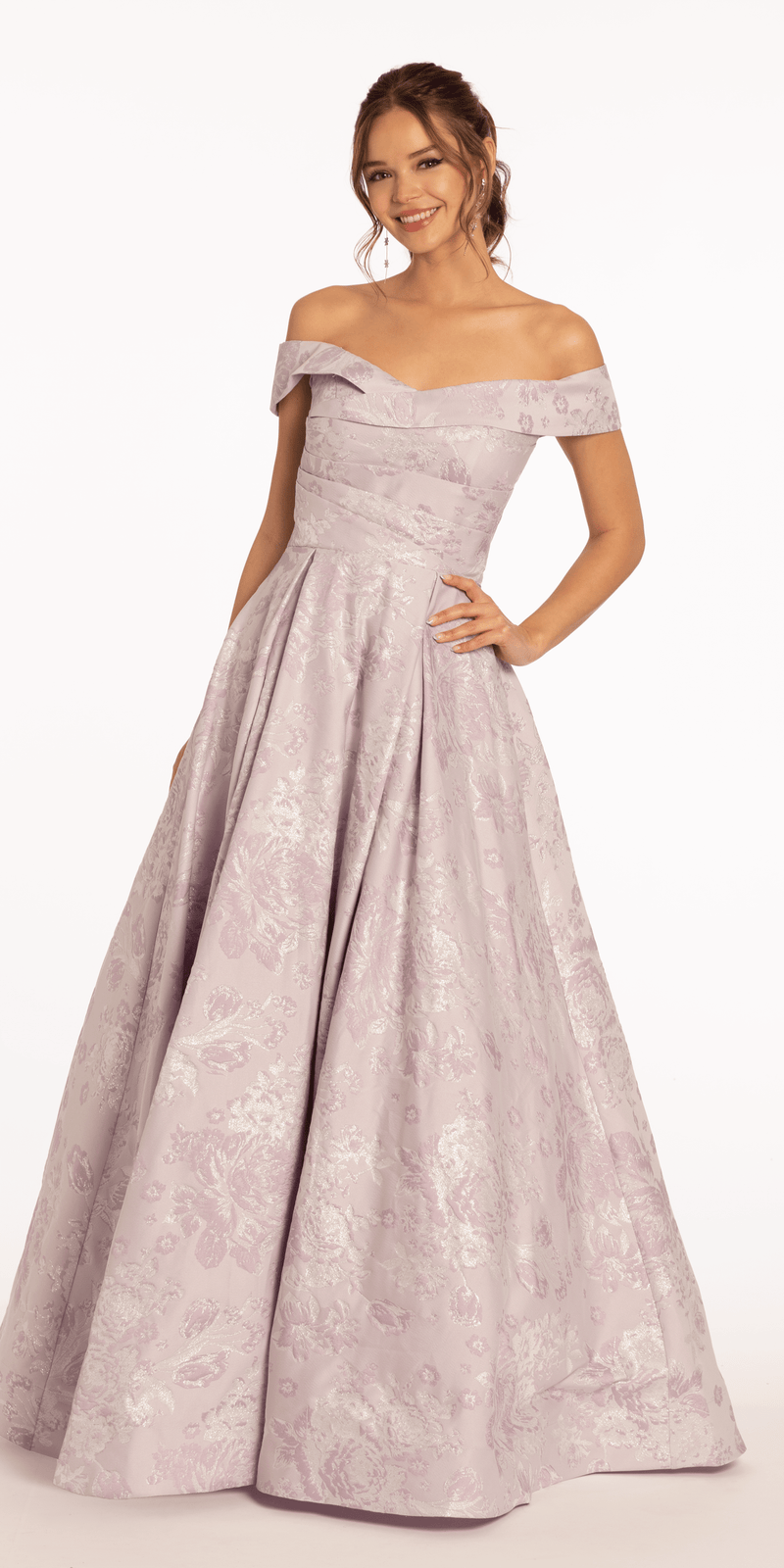 Off the Shoulder Floral Jacquard Ballgown with Pockets Image 1