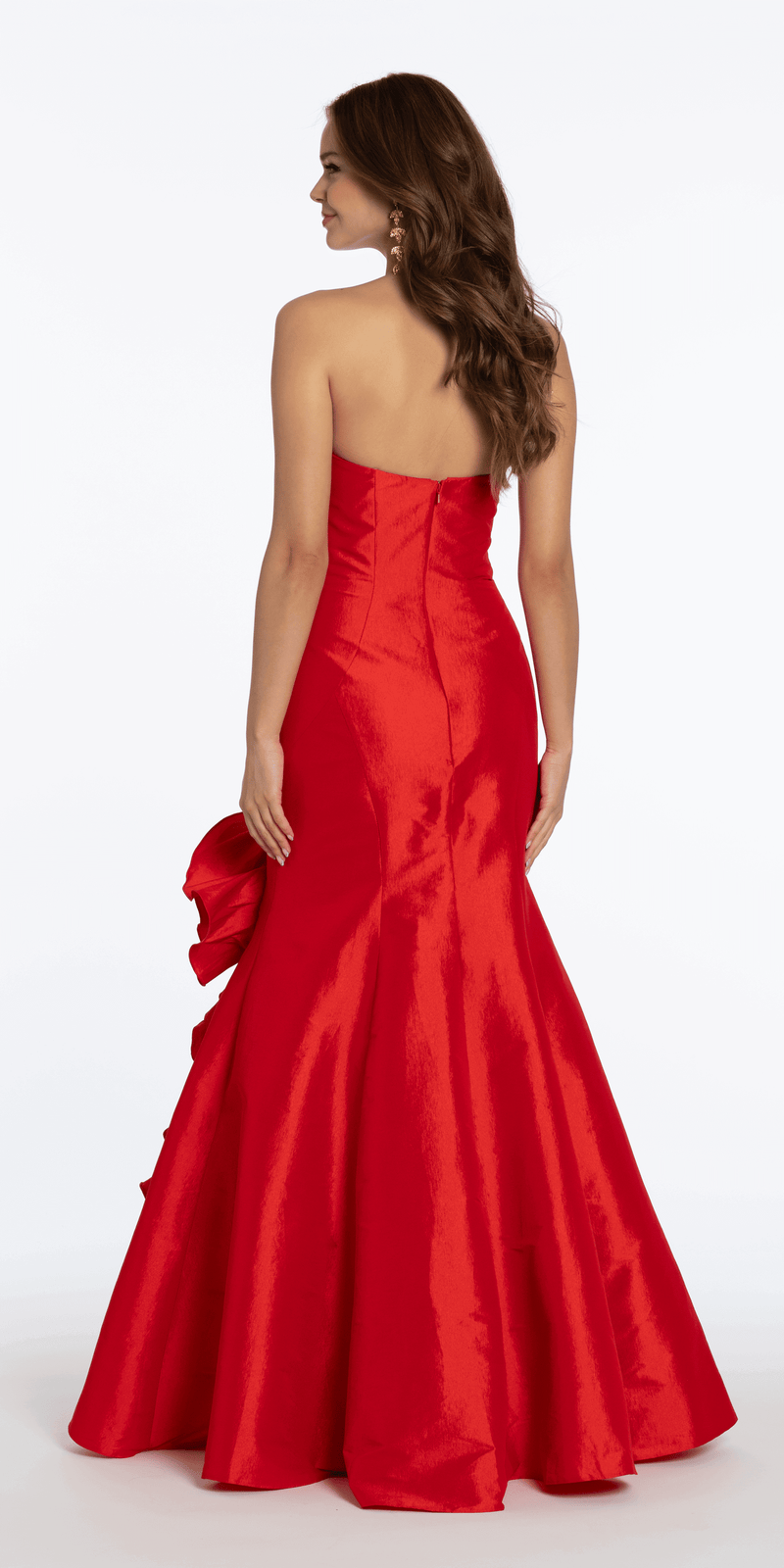 Stretch Taffeta Mermaid Dress with Ruffle Flower Hem Camille La Vie Stretch Taffeta Mermaid Dress with Ruffle Flower Hem Camille La Vie
