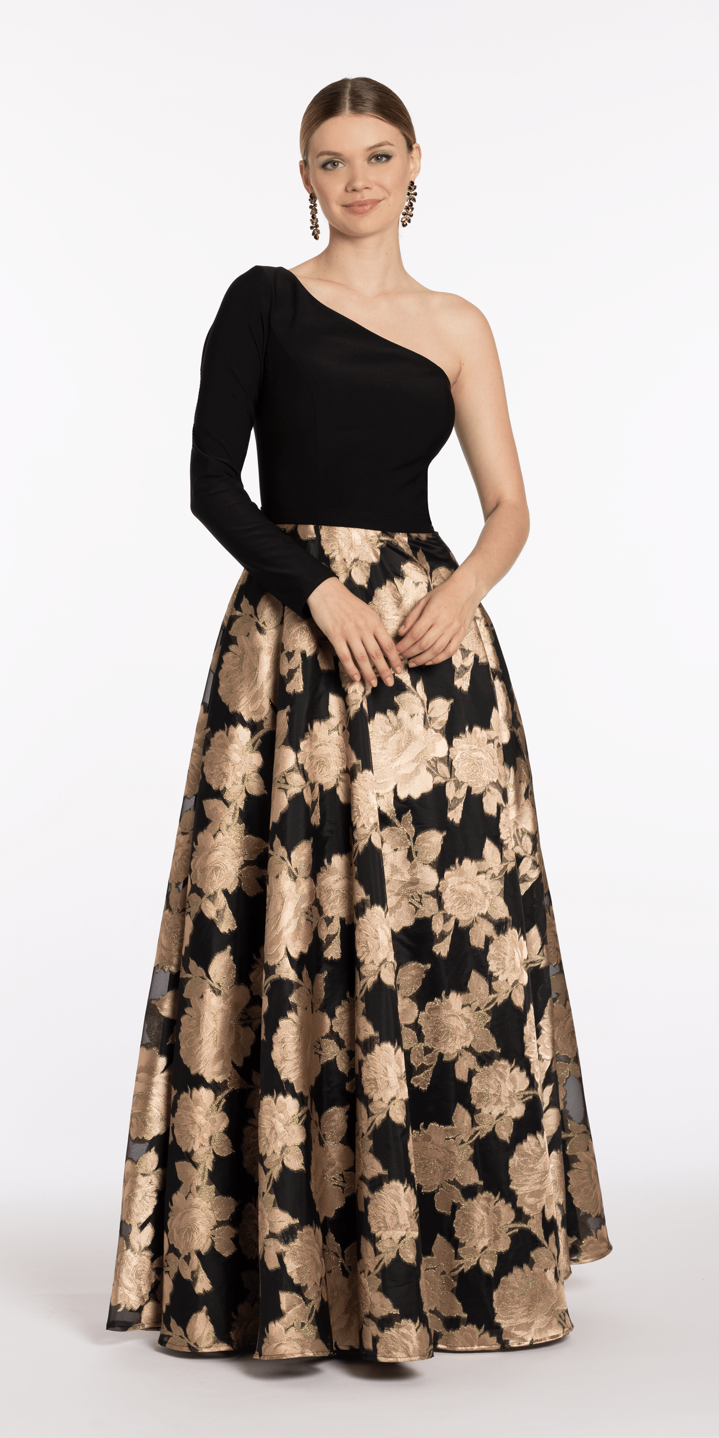 Camille La Vie Jersey/ Jacquard One Shoulder Long Sleeve Ballgown with Pockets/ missy /size/ 6 / black-bronze/alt