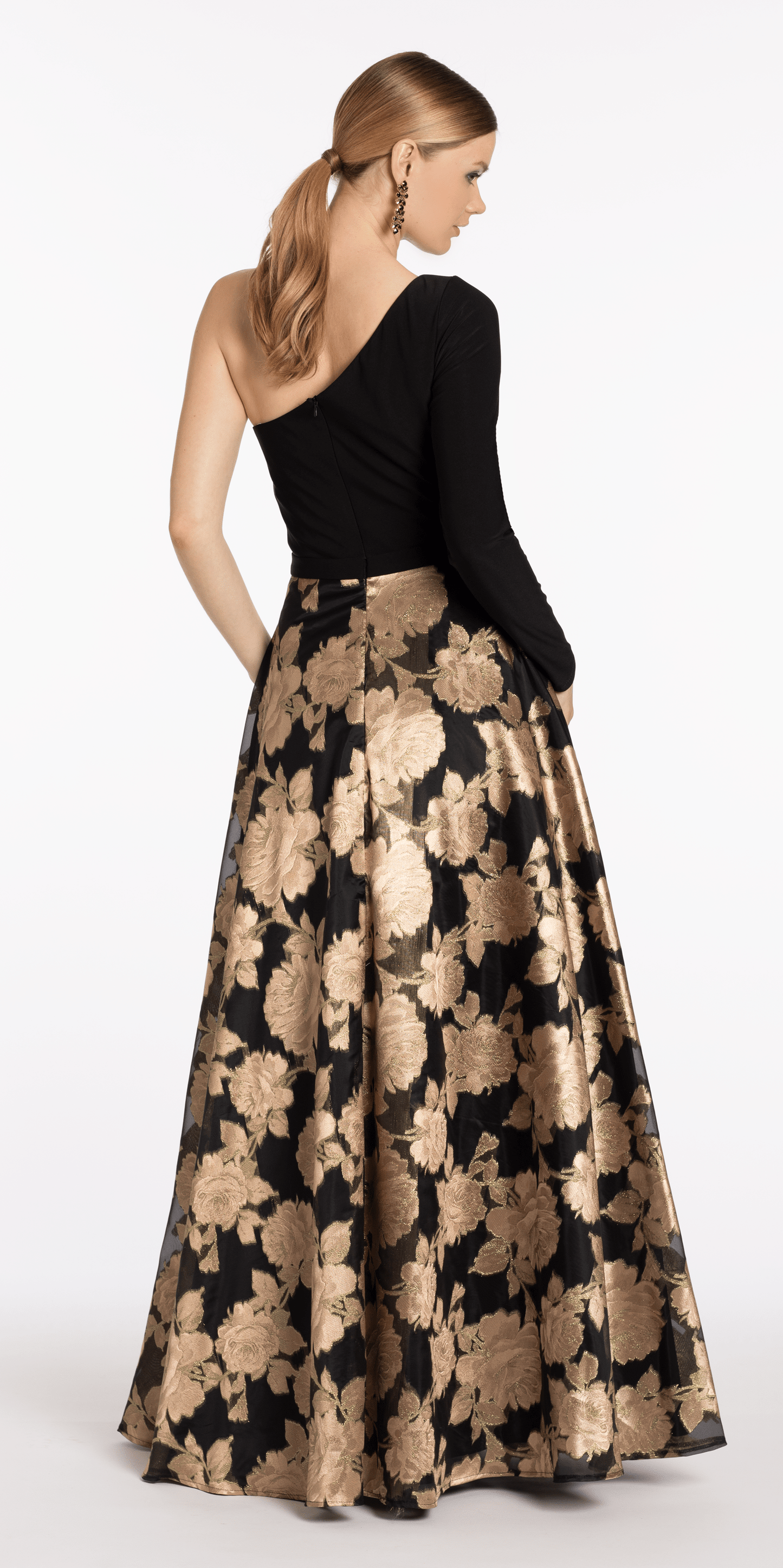 Camille La Vie Jersey/ Jacquard One Shoulder Long Sleeve Ballgown with Pockets/ missy /size/ 6 / black-bronze/back