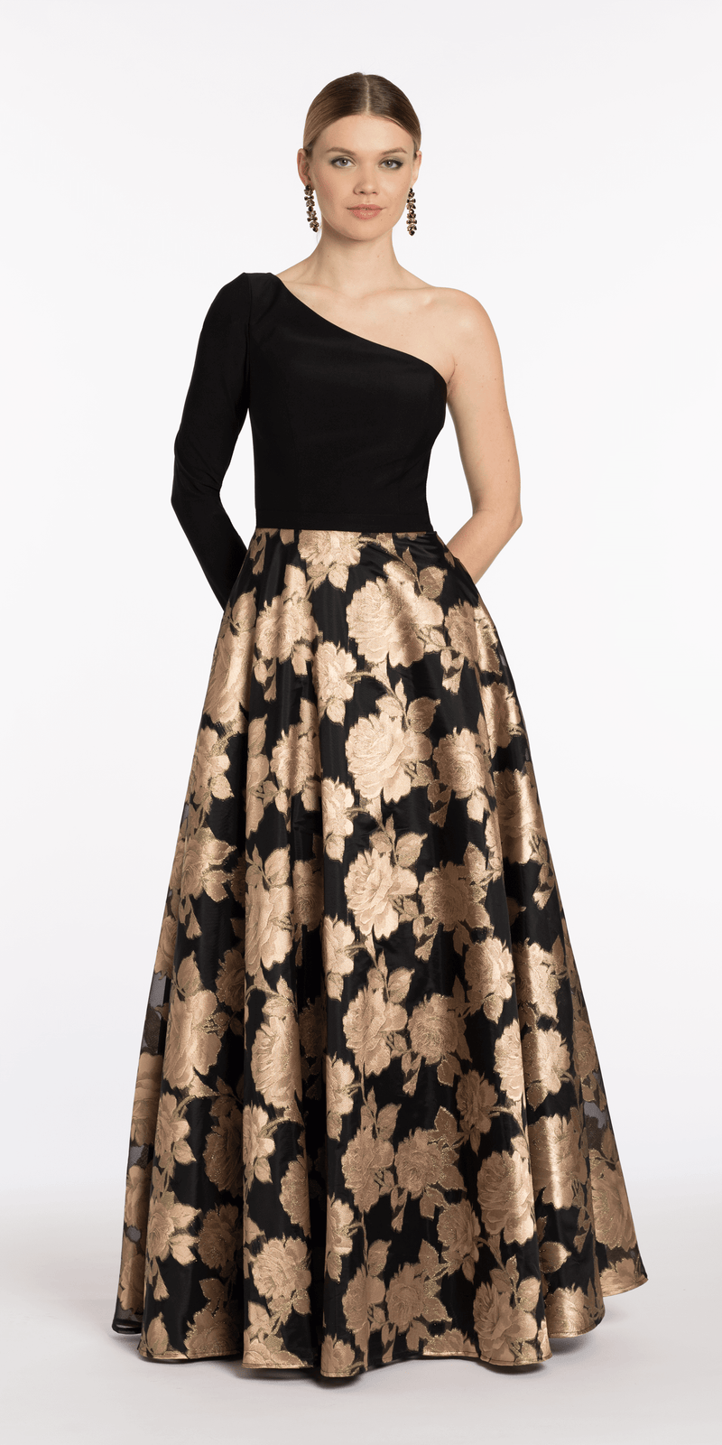 Jersey Jacquard One Shoulder Long Sleeve Ballgown with Pockets missy / 6 / black-bronze Jersey Jacquard One Shoulder Long Sleeve Ballgown with Pockets missy / 6 / black-bronze