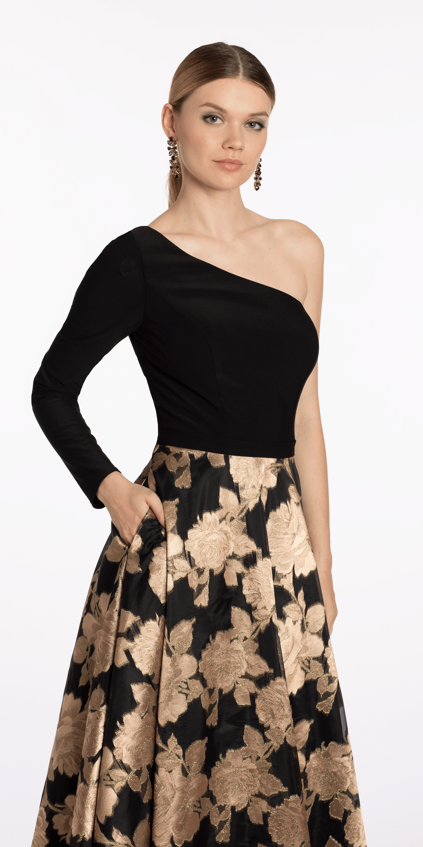 Camille La Vie Jersey/ Jacquard One Shoulder Long Sleeve Ballgown with Pockets/ missy /size/ 6 / black-bronze/front alt 2