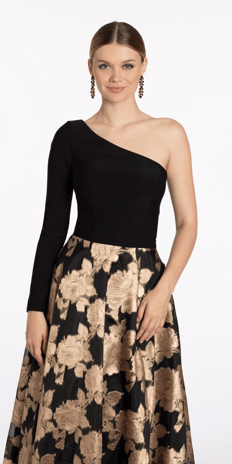 Jersey Jacquard One Shoulder Long Sleeve Ballgown with Pockets Image 2