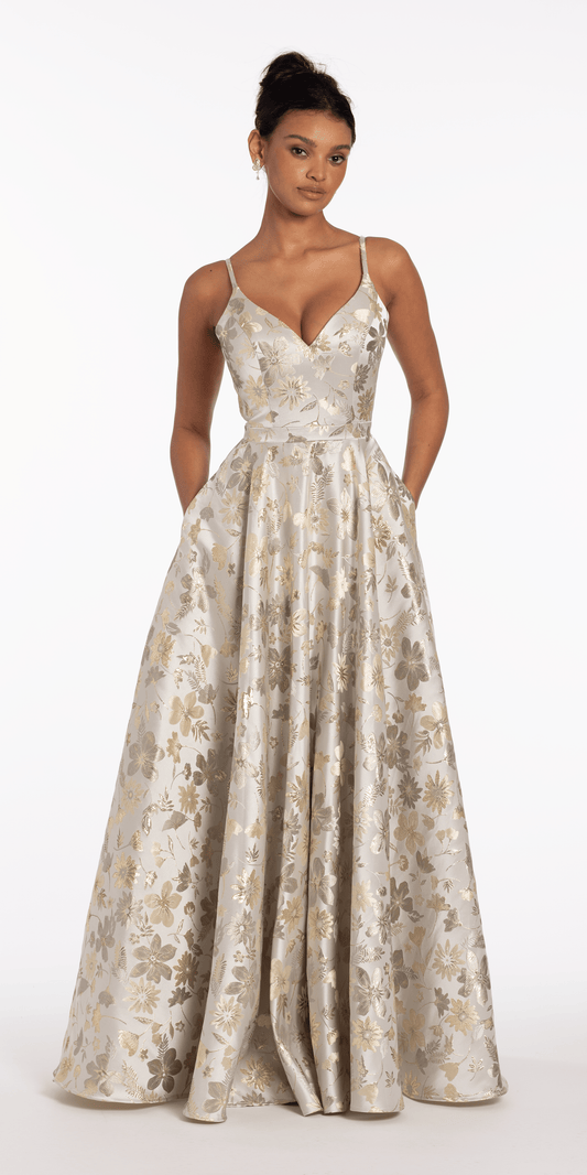 Sweetheart Floral Jacquard A Line Lace Up Back Dress missy / 2 / silver-gold
