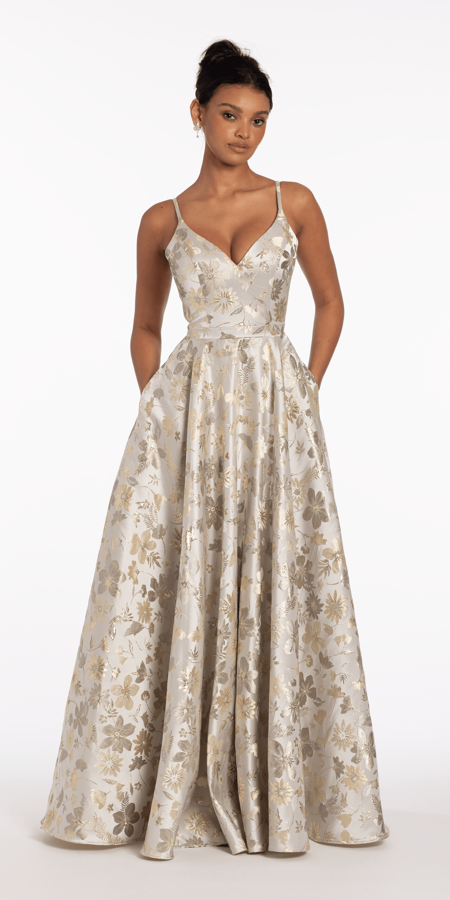 silver-gold/size/2/missy/Camille La Vie /Sweetheart Floral Jacquard A Line Lace Up Back Dress/front alt