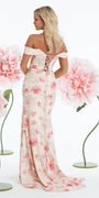 pink-multi /size/4/ missy/Camille La Vie/Pleated Satin Pastel Floral Off the Shoulder Corset Trumpet Dress /back