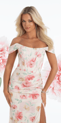 pink-multi /size/4/ missy/Camille La Vie/Pleated Satin Pastel Floral Off the Shoulder Corset Trumpet Dress /close up