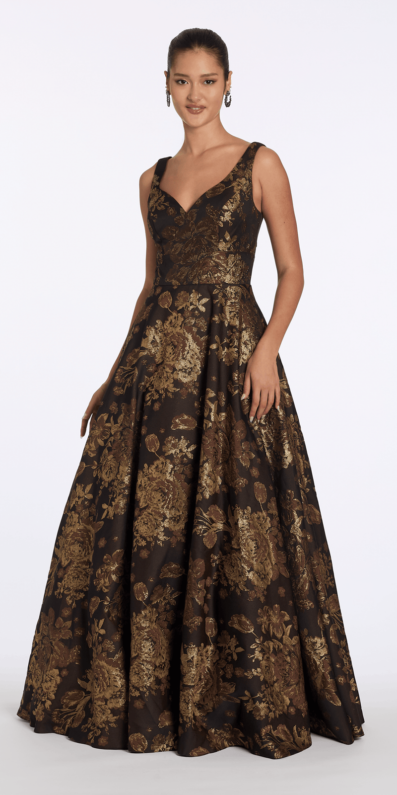 bronze/size/6/missy/Camille La Vie Sweetheart Floral Jacquard Ballgown with Pockets/front 
