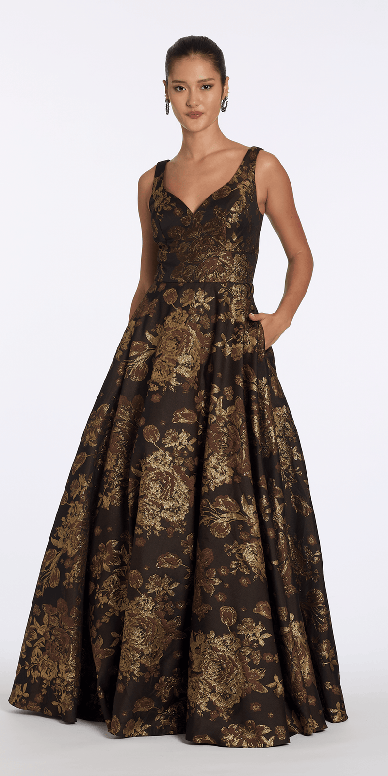 bronze/size/6/missy/Camille La Vie Sweetheart Floral Jacquard Ballgown with Pockets/front alt