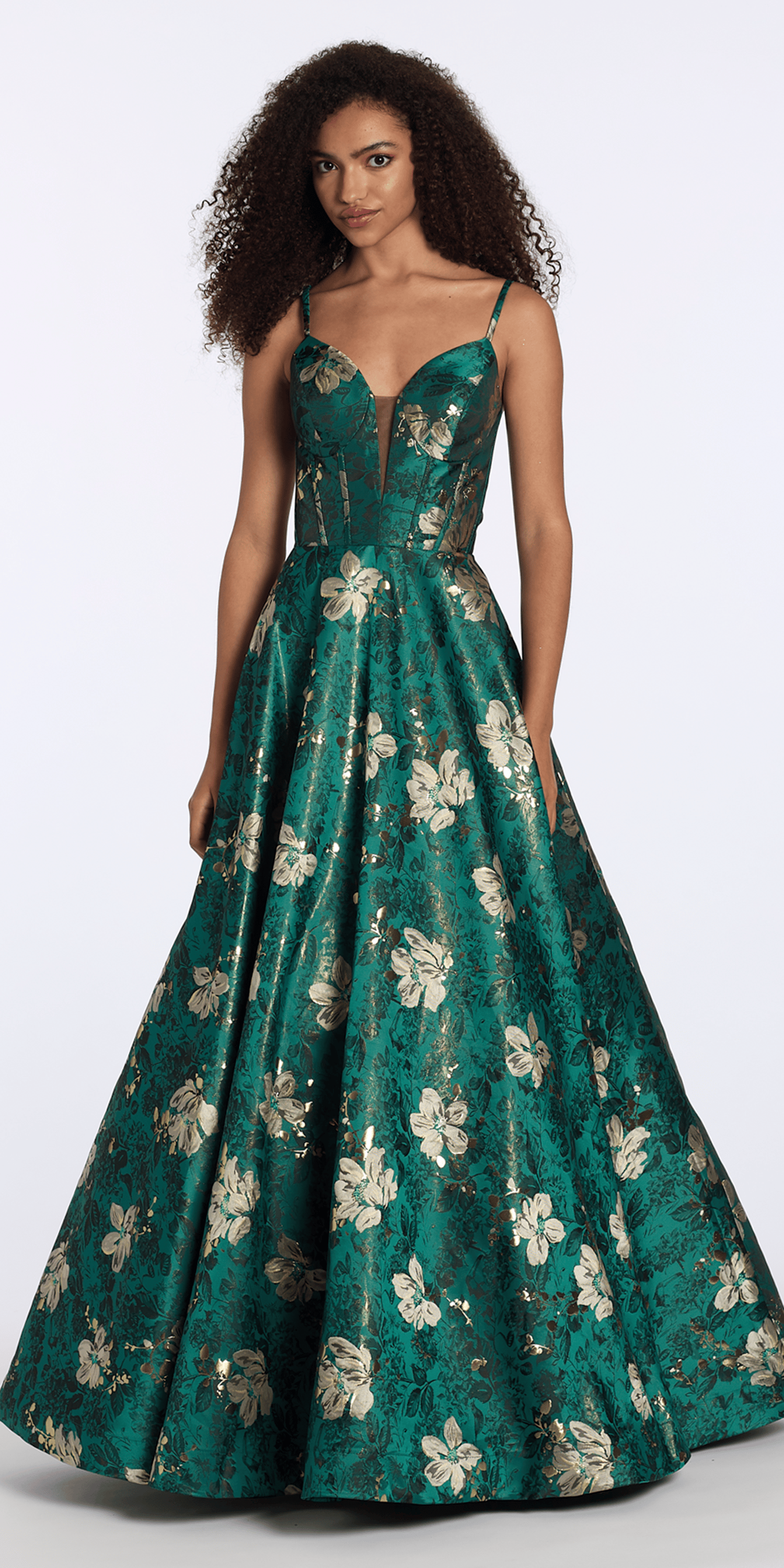 Floral Jacquard Plunge A Line Dress with Pockets