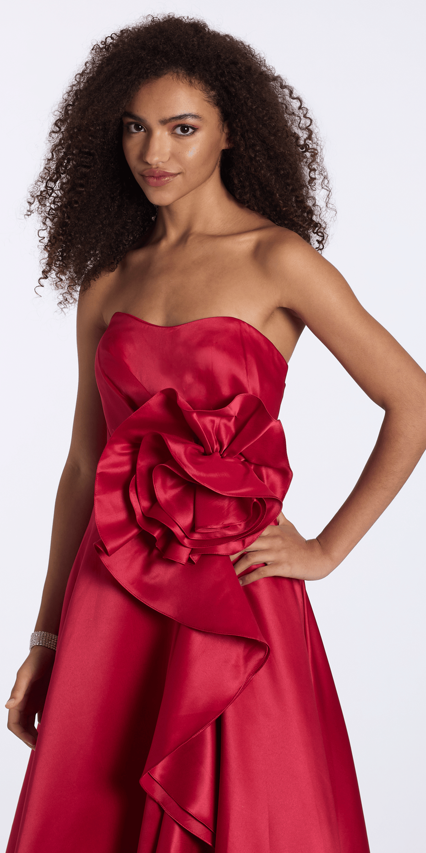 berry/size/0/missy/Camille La Vie/ Pleated Strapless Satin Corset Ballgown with Rosette/close up