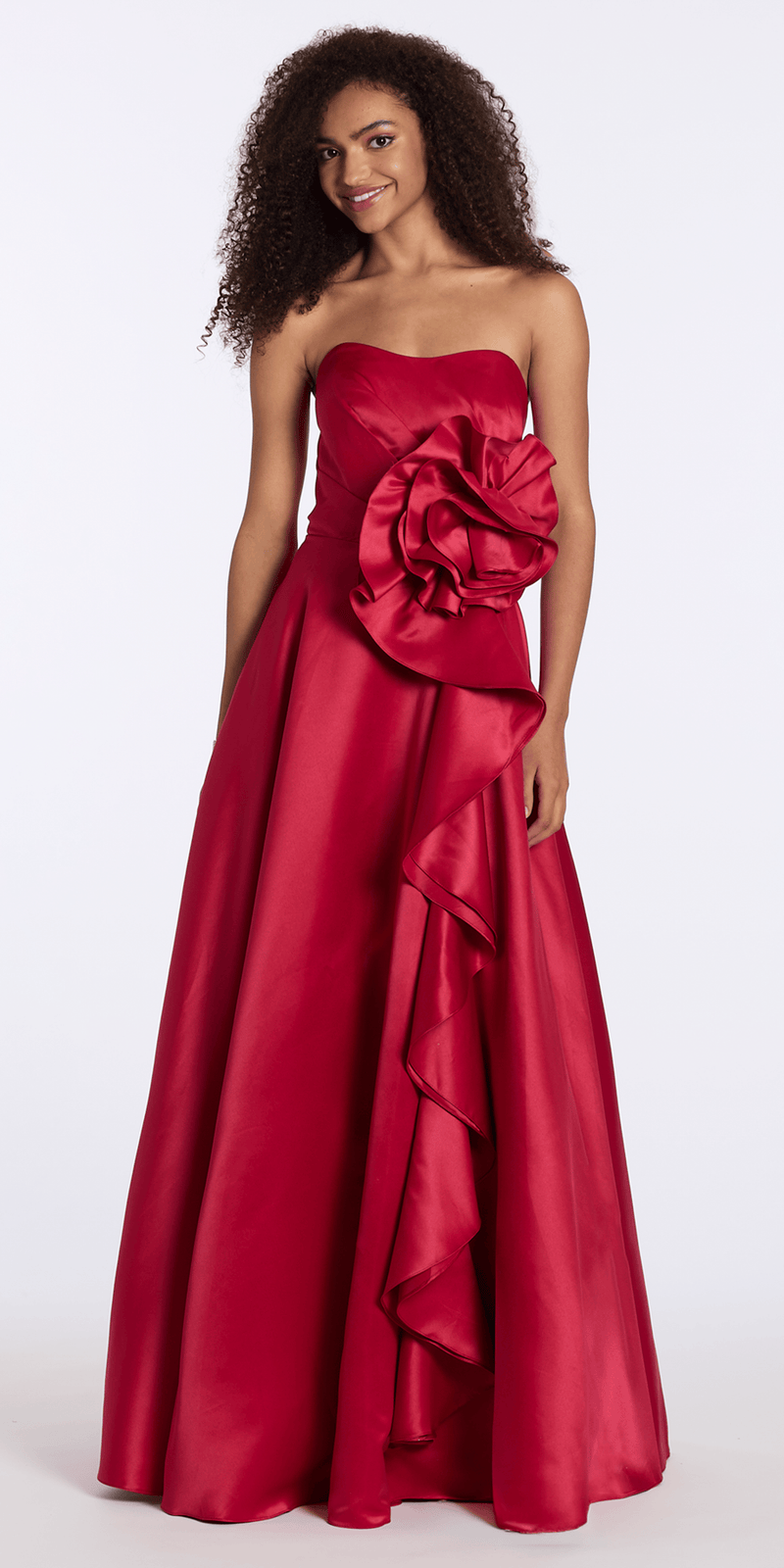 berry/size/0/missy/Camille La Vie/ Pleated Strapless Satin Corset Ballgown with Rosette/front