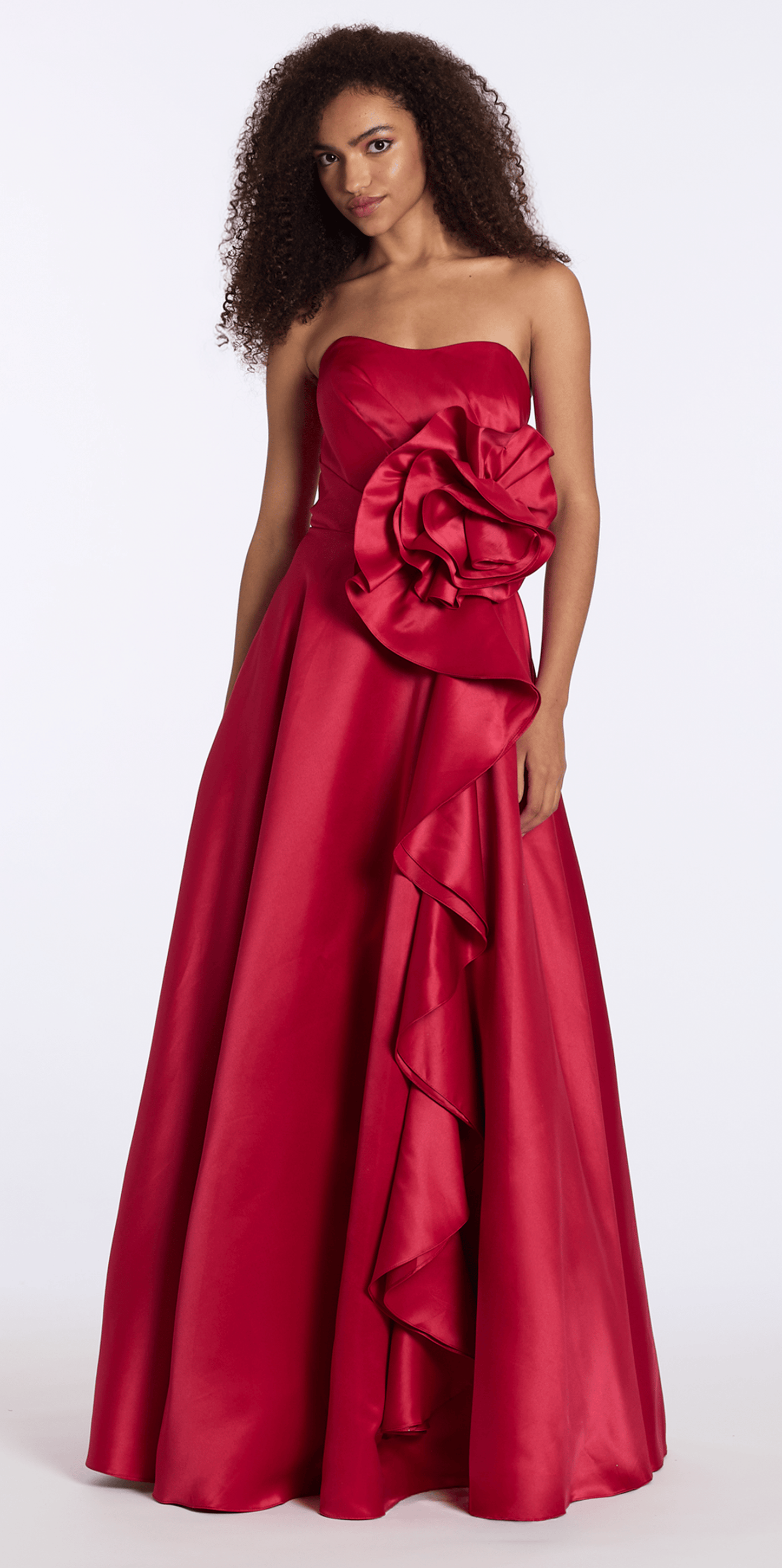 berry/size/0/missy/Camille La Vie/ Pleated Strapless Satin Corset Ballgown with Rosette/front alt