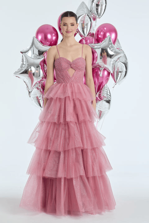 rose/size/4/missy/Camille La Vie/Pleated Peek-a-Boo-Sweetheart Tulle Tiered Ballgown with Heat Set Stones /front 