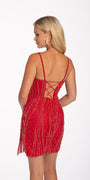 Plunging Beaded Lace Up Back Dress with Side Fringe Image 2