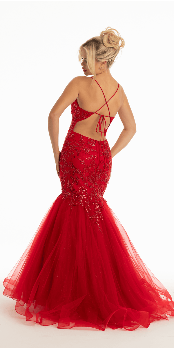 Beaded Embroidered Strappy Back Tulle Mermaid Dress Image 2