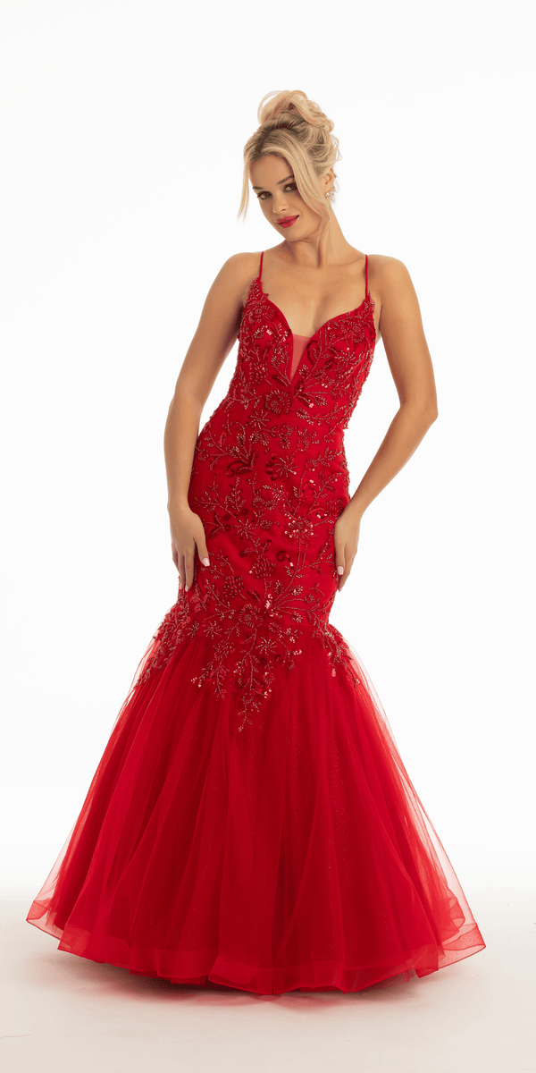 Beaded Embroidered Strappy Back Tulle Mermaid Dress