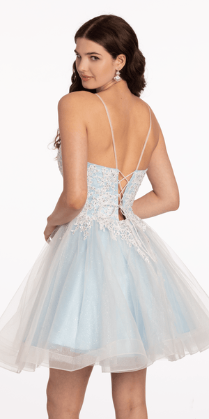 Plunging Tulle Applique Lace Up Back Fit and Flare Dress Image 5