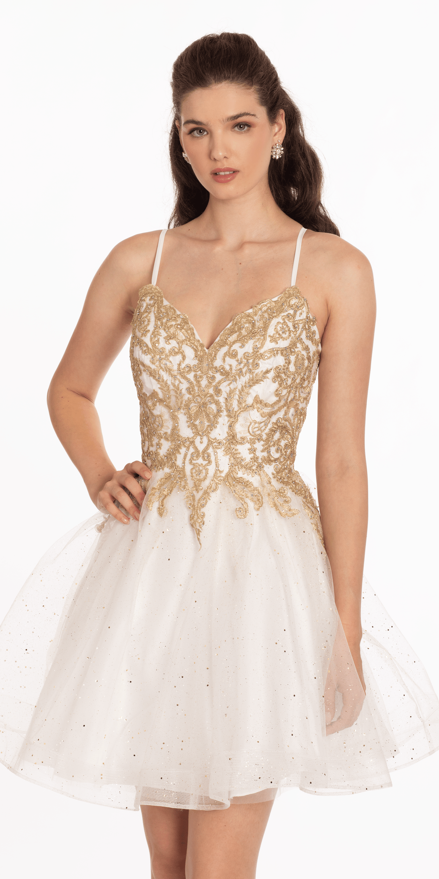 Camille La Vie Metallic Embroidered Sweetheart Tulle Fit and Flare Dress