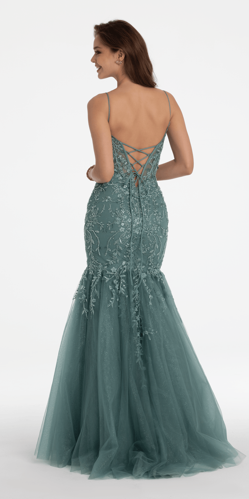 Vine Embellished Mesh Corset Plunging Mermaid Dress Image 5