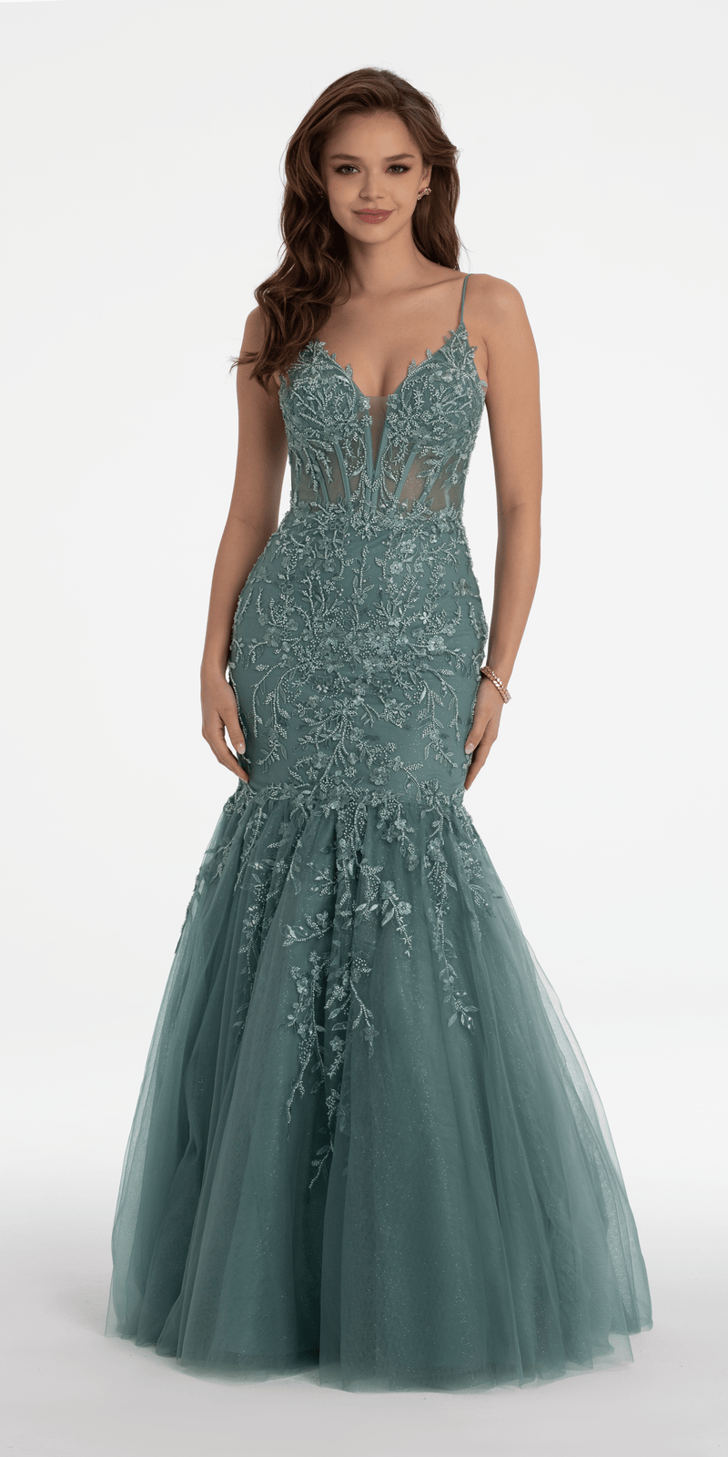 Vine Embellished Mesh Corset Plunging Mermaid Dress Image 1