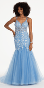 Floral Embroidered Plunging Tulle Mermaid Dress with Horse Hair Hem Image 1