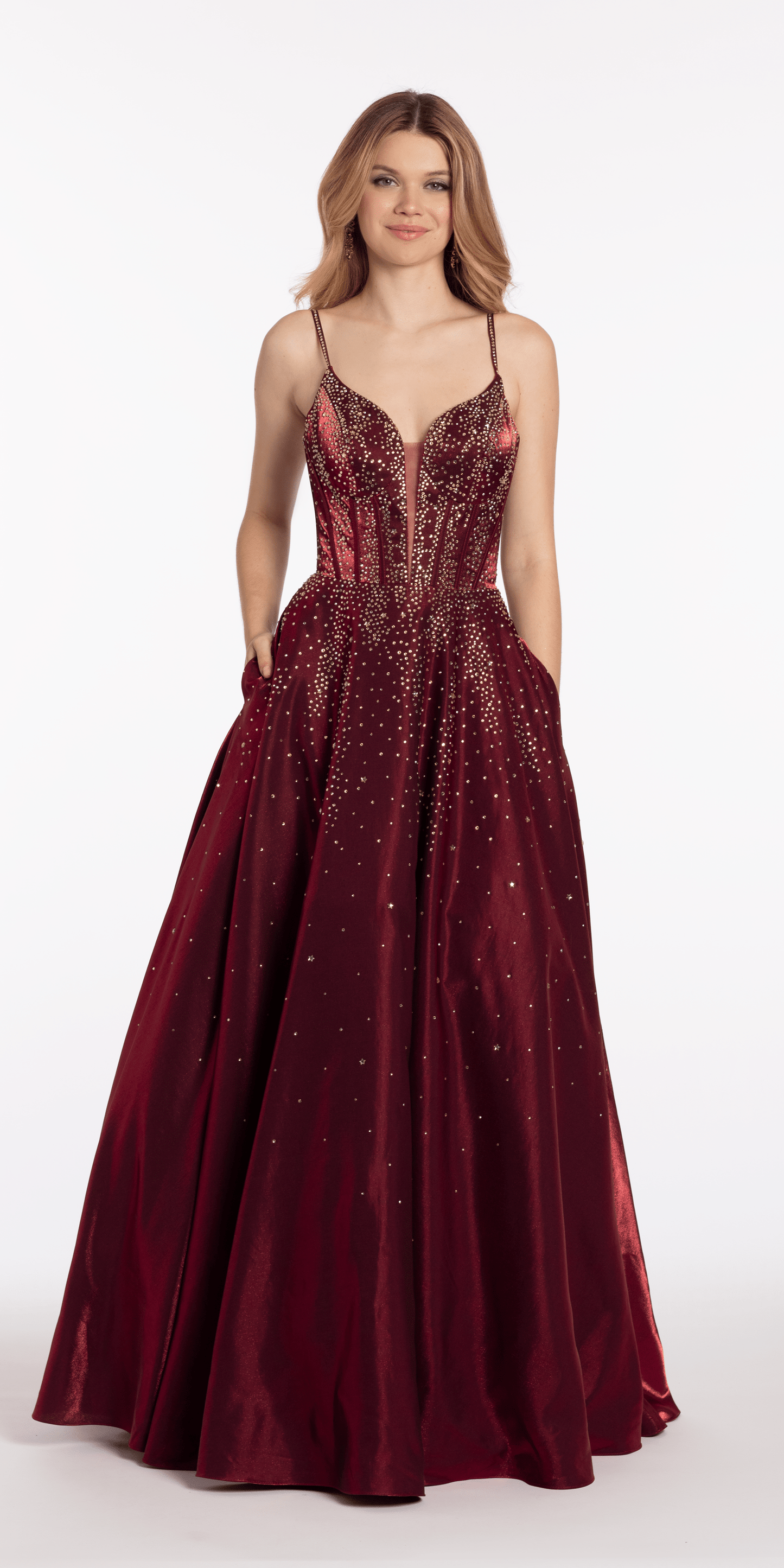 Camille La Vie Satin Plunge Corset Ballgown with Heat Set Stones missy / 0 / wine/front