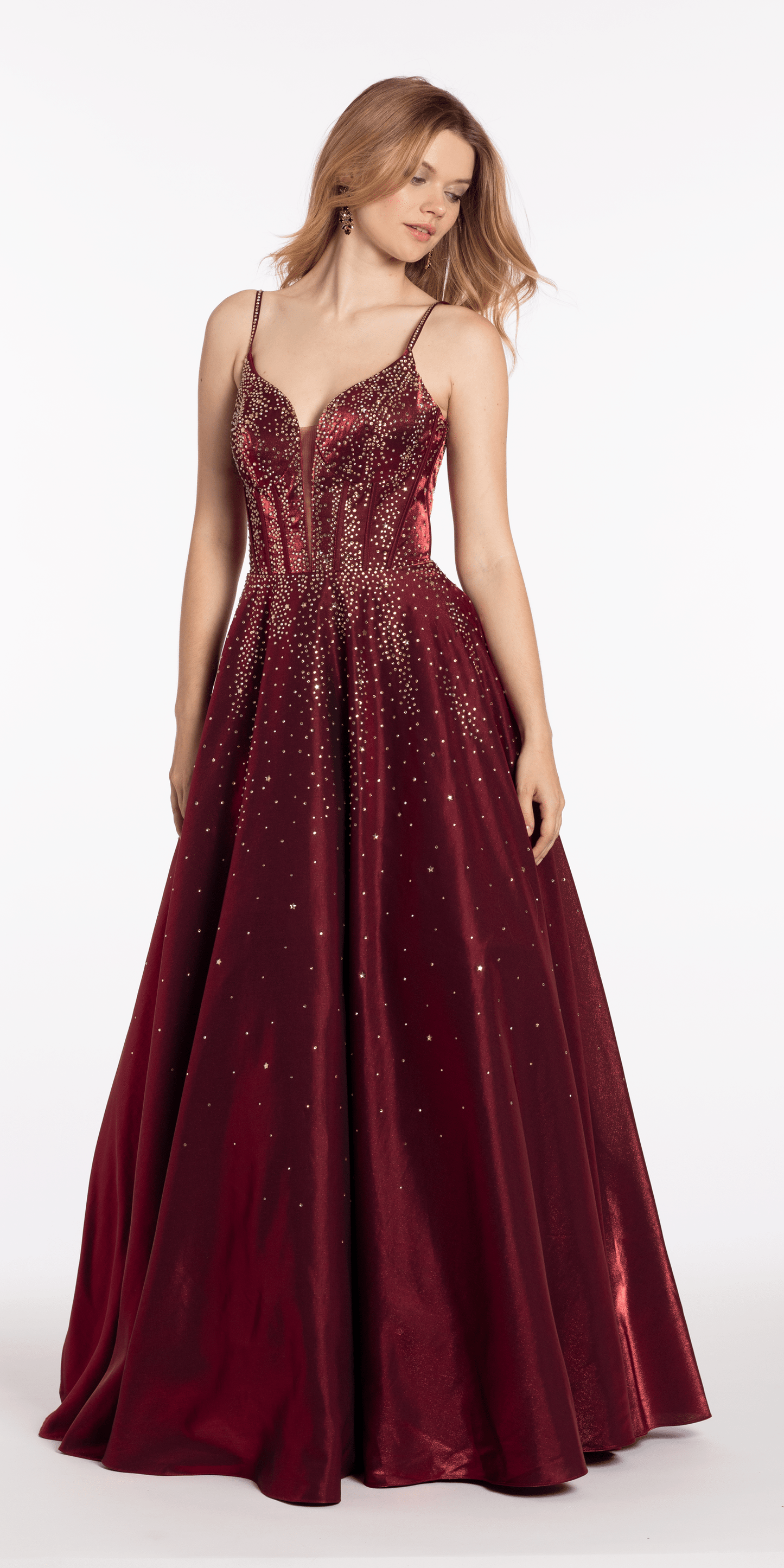 Camille La Vie/ Satin Plunge Corset Ballgown with Heat Set Stones missy / 0 / wine/alt