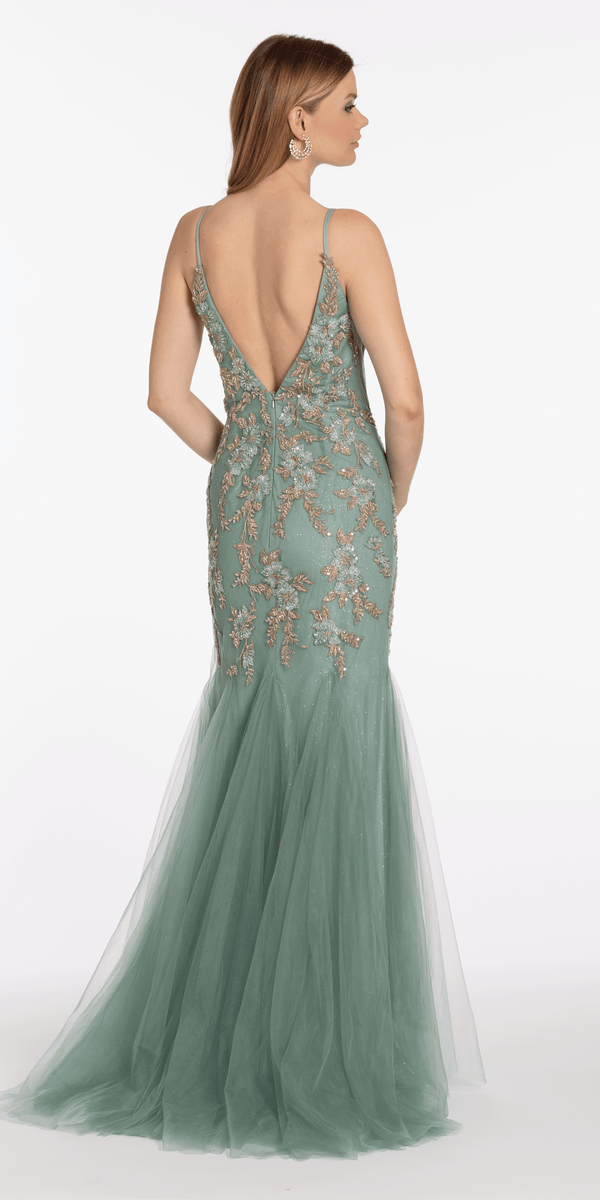 sea-green/size/4/missy/ Camille La Vie/V Back Mesh Embroidered Mermaid Dress with Godet/back