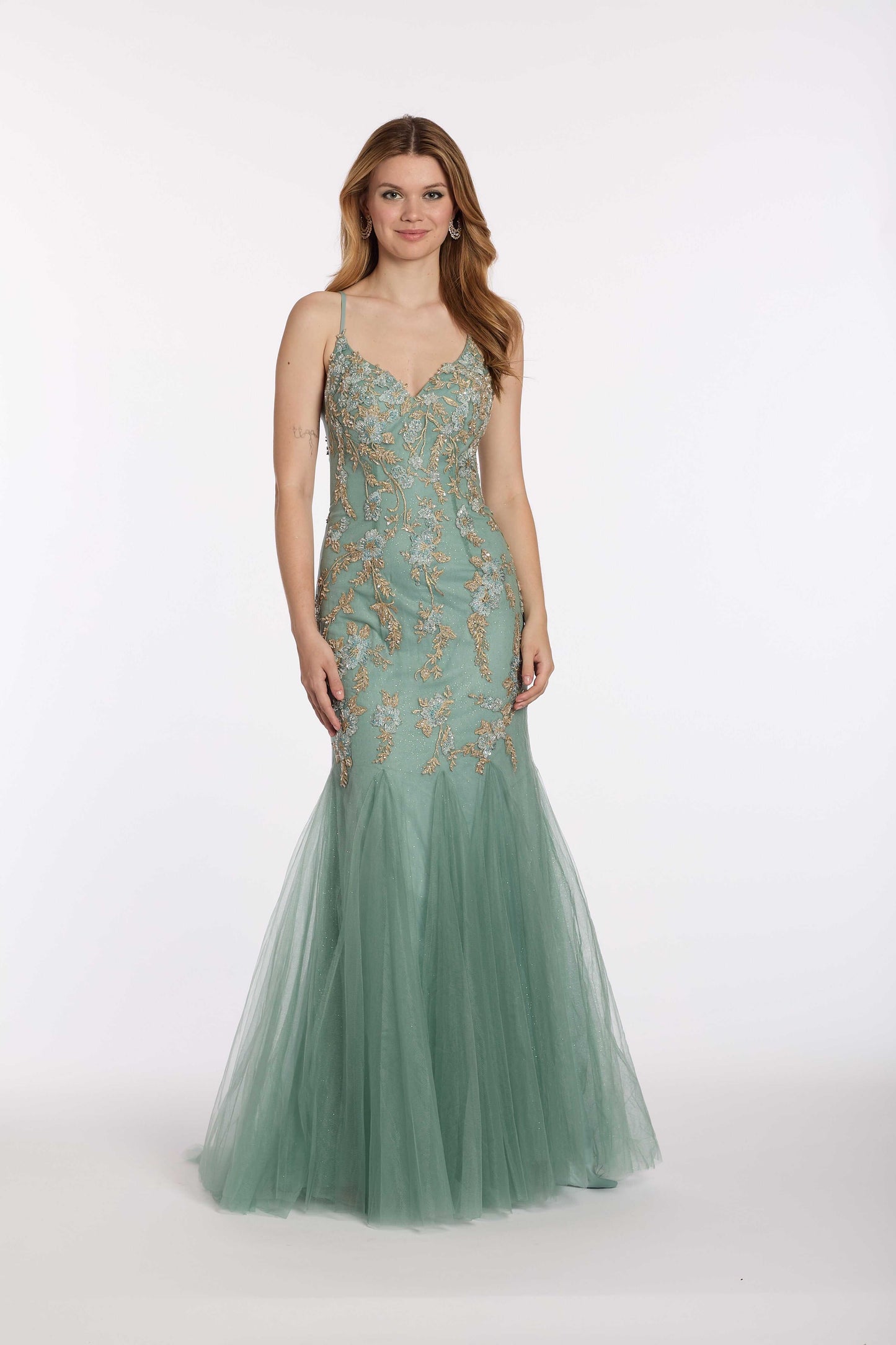sea-green/size/2/missy/Camille La Vie/V Back Mesh Embroidered Mermaid Dress with Godets/front