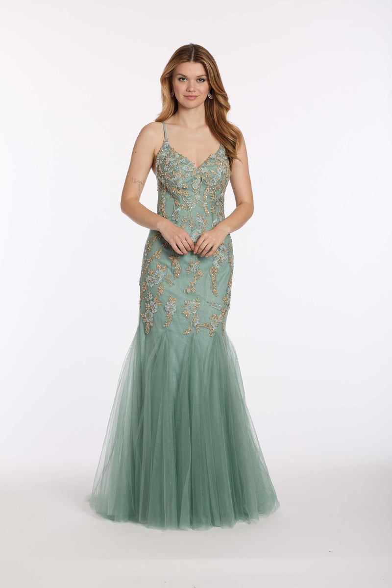 V Back Mesh Embroidered Mermaid Dress with Godets Image 4