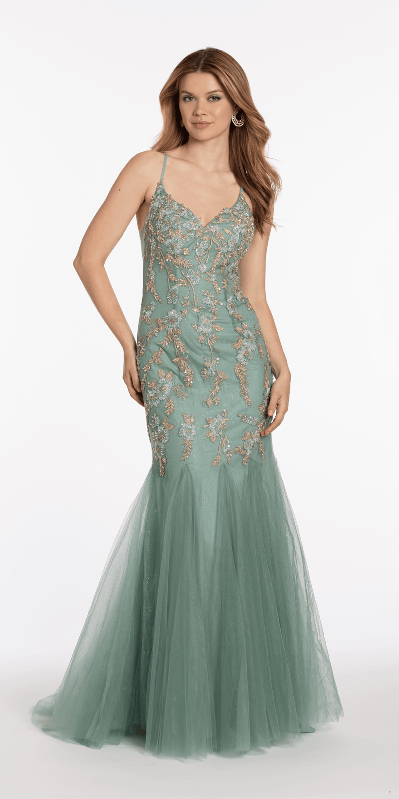 V Back Mesh Embroidered Mermaid Dress with Godets Image 3