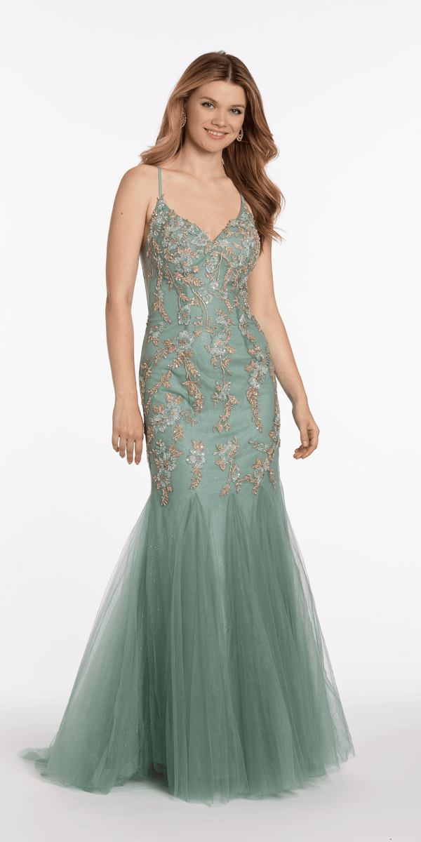 sea-green/size/4/missy/ Camille La Vie/V Back Mesh Embroidered Mermaid Dress with Godet/front alt