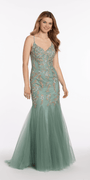 V Back Mesh Embroidered Mermaid Dress with Godets Image 5