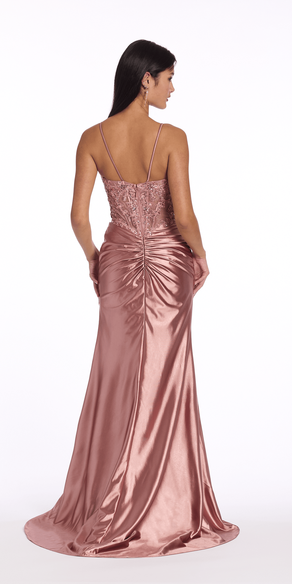 Camille La Vie Stretch Satin Scoop Neck Beaded Corset Column Dress with Side Cascade